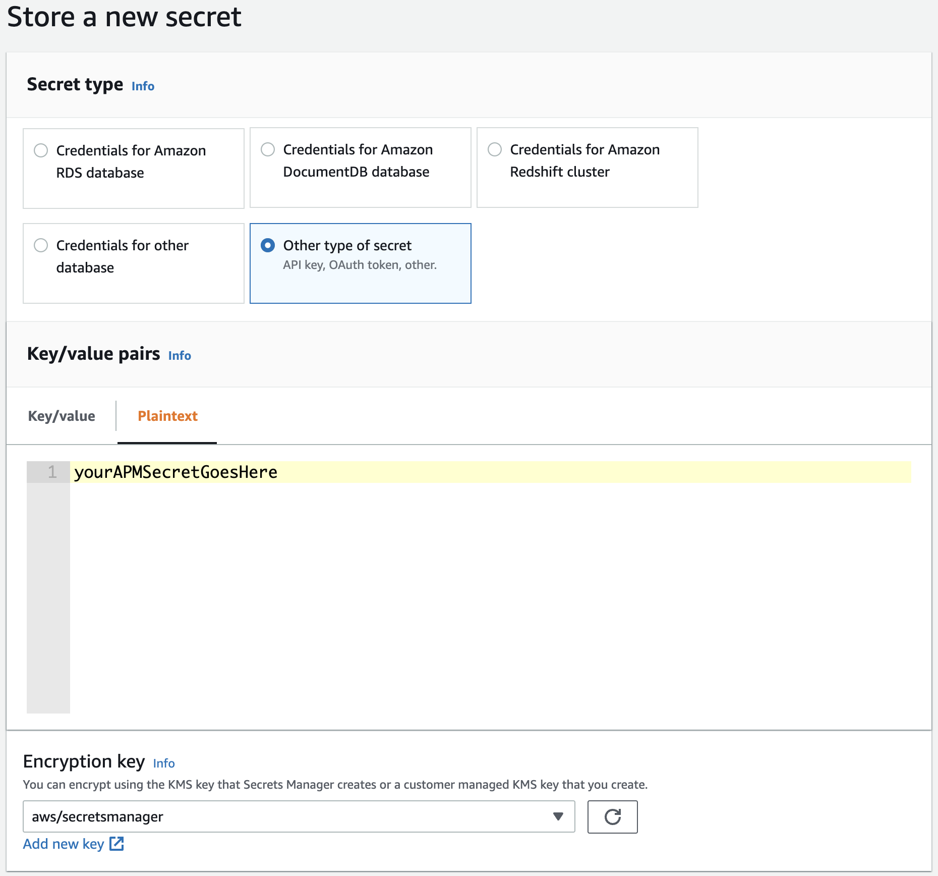 image showing the creation of a plaintext secret in Secrets Manager