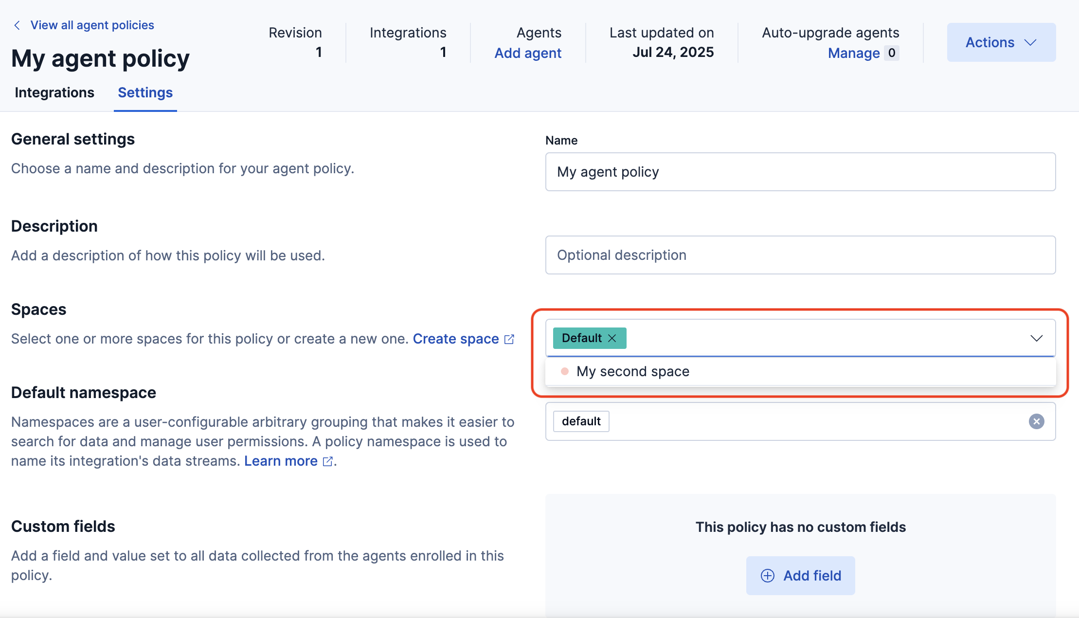 Agent Policy spaces dropdown