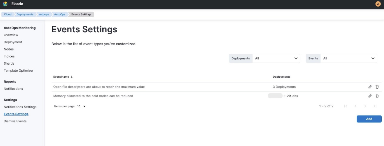 Screenshot showing the Event Settings page with the Add button