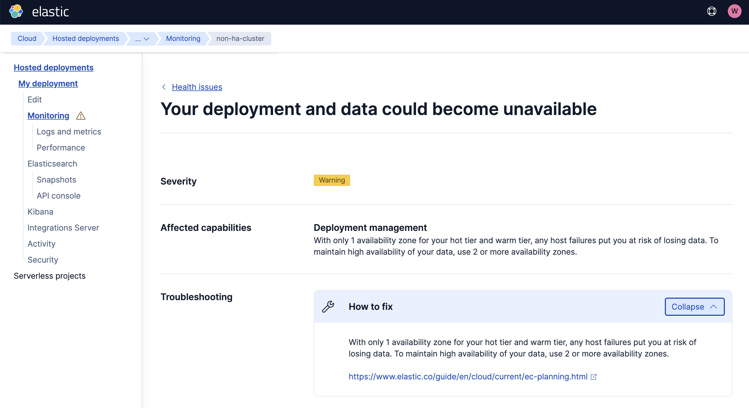 Elasticsearch Expanded health issue with details and troubleshooting