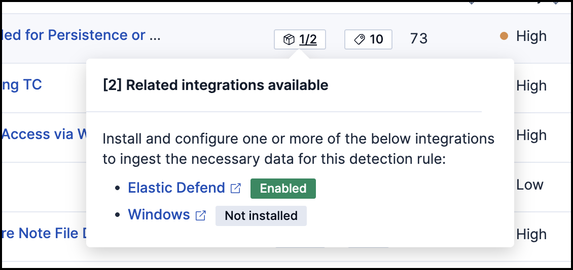 Rules table with related integrations popup