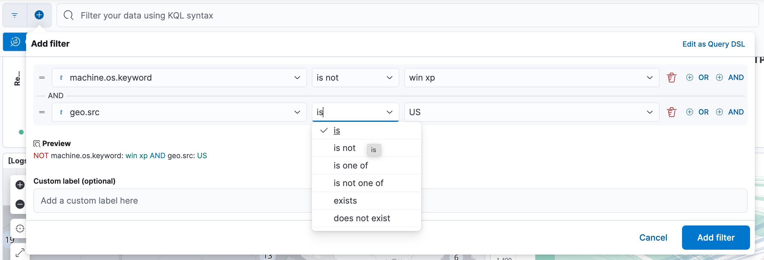 Filter editor with 2 conditions