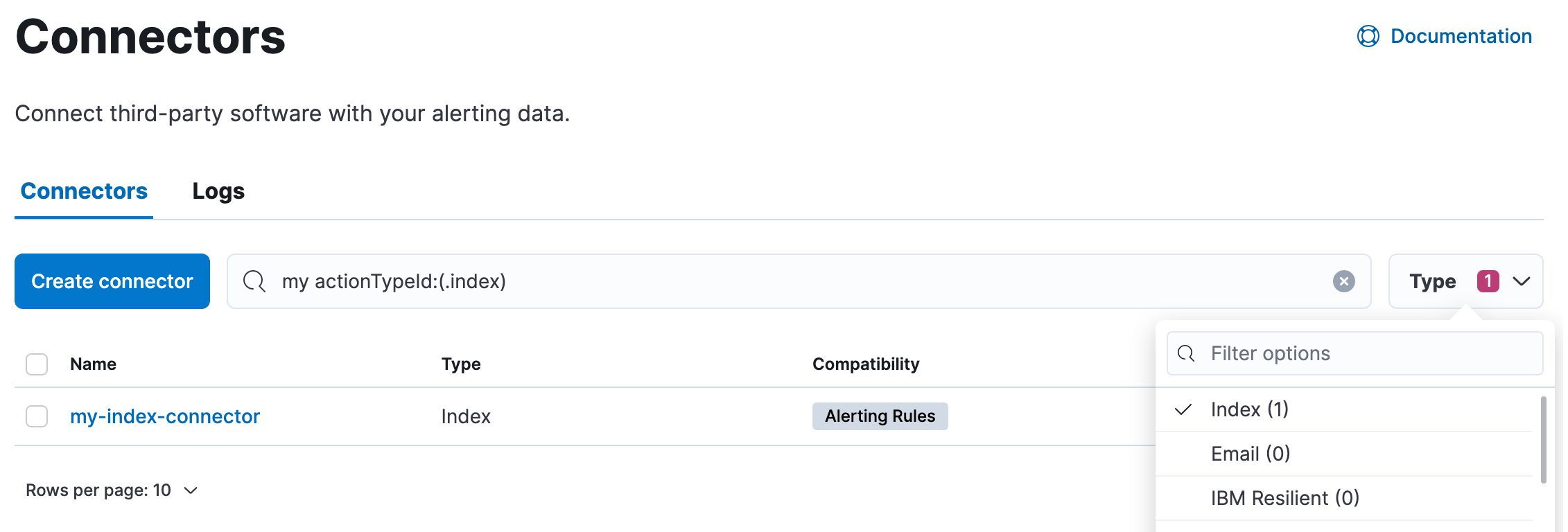 Filtering the connector list by types of connectors