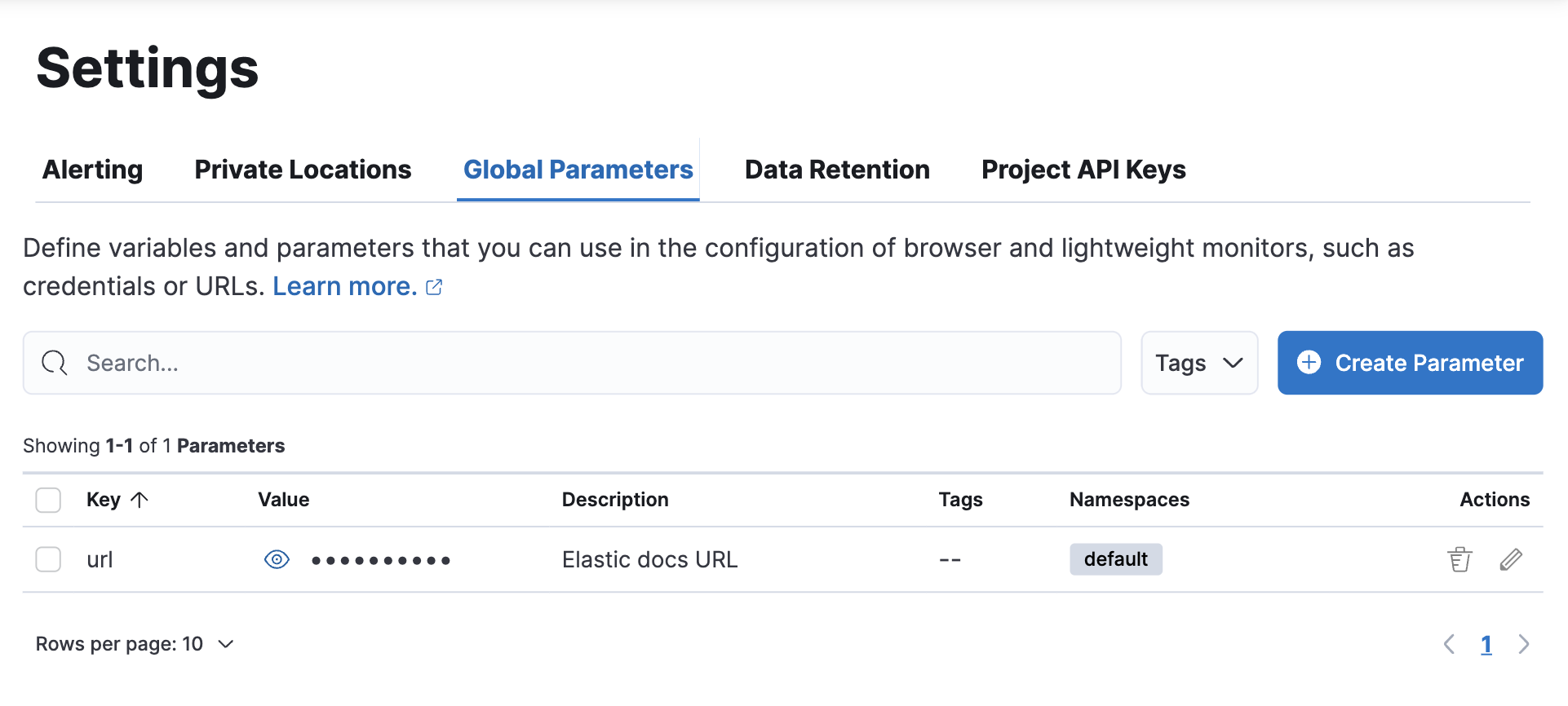 Global parameters tab on the Synthetics Settings page in Kibana