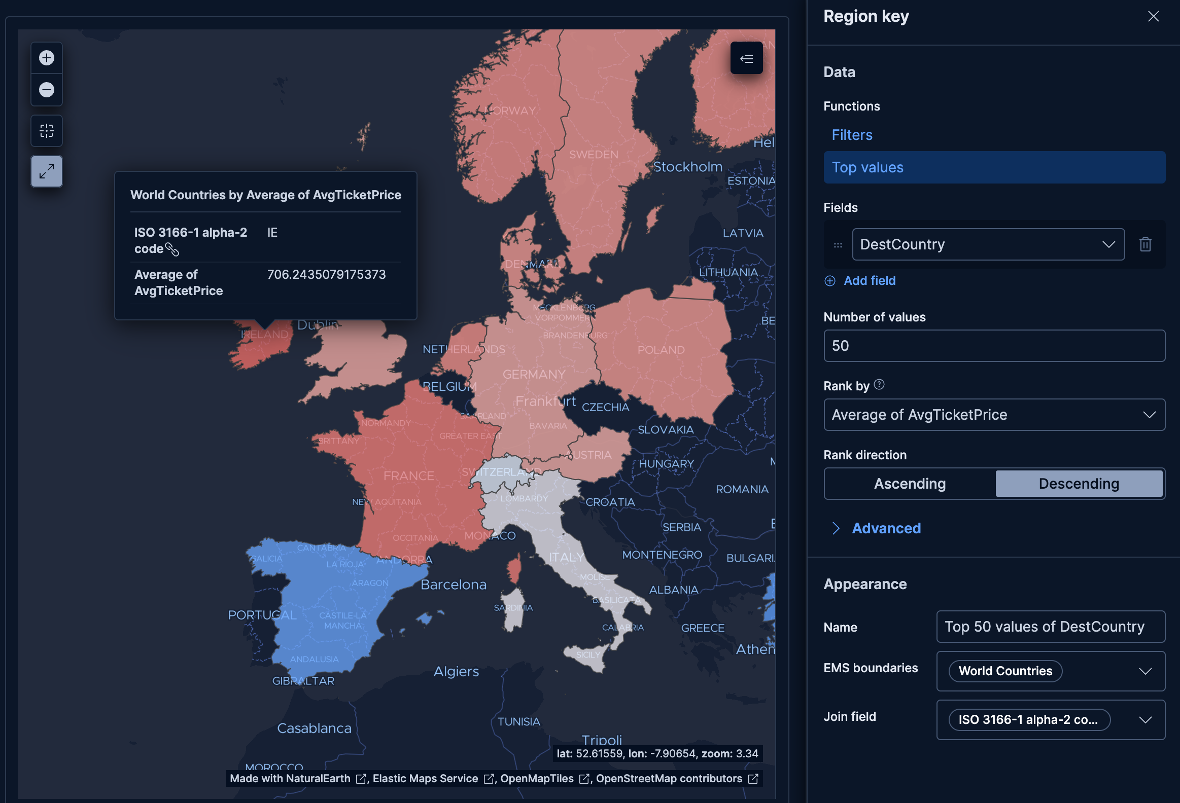 Region map showing average ticket price by destination country