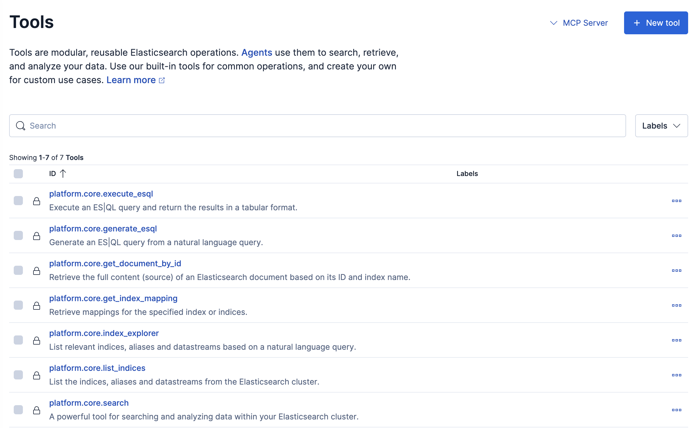 Tools landing page showing the list of available tools with their descriptions and actions