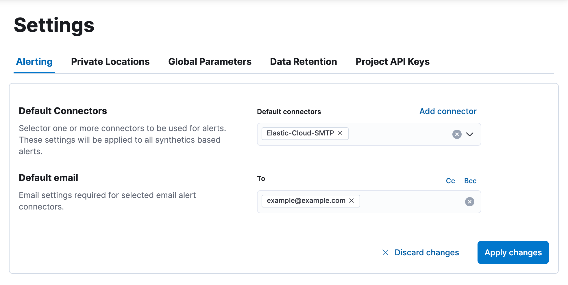 Alerting tab on the Synthetics Settings page in Kibana