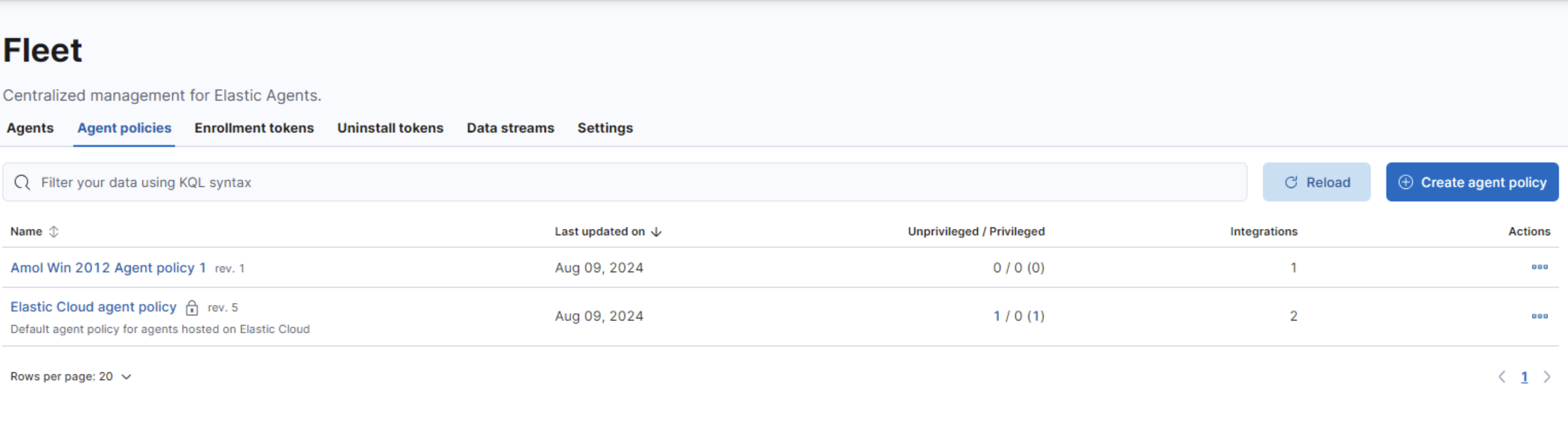 Agent policies tab in Fleet