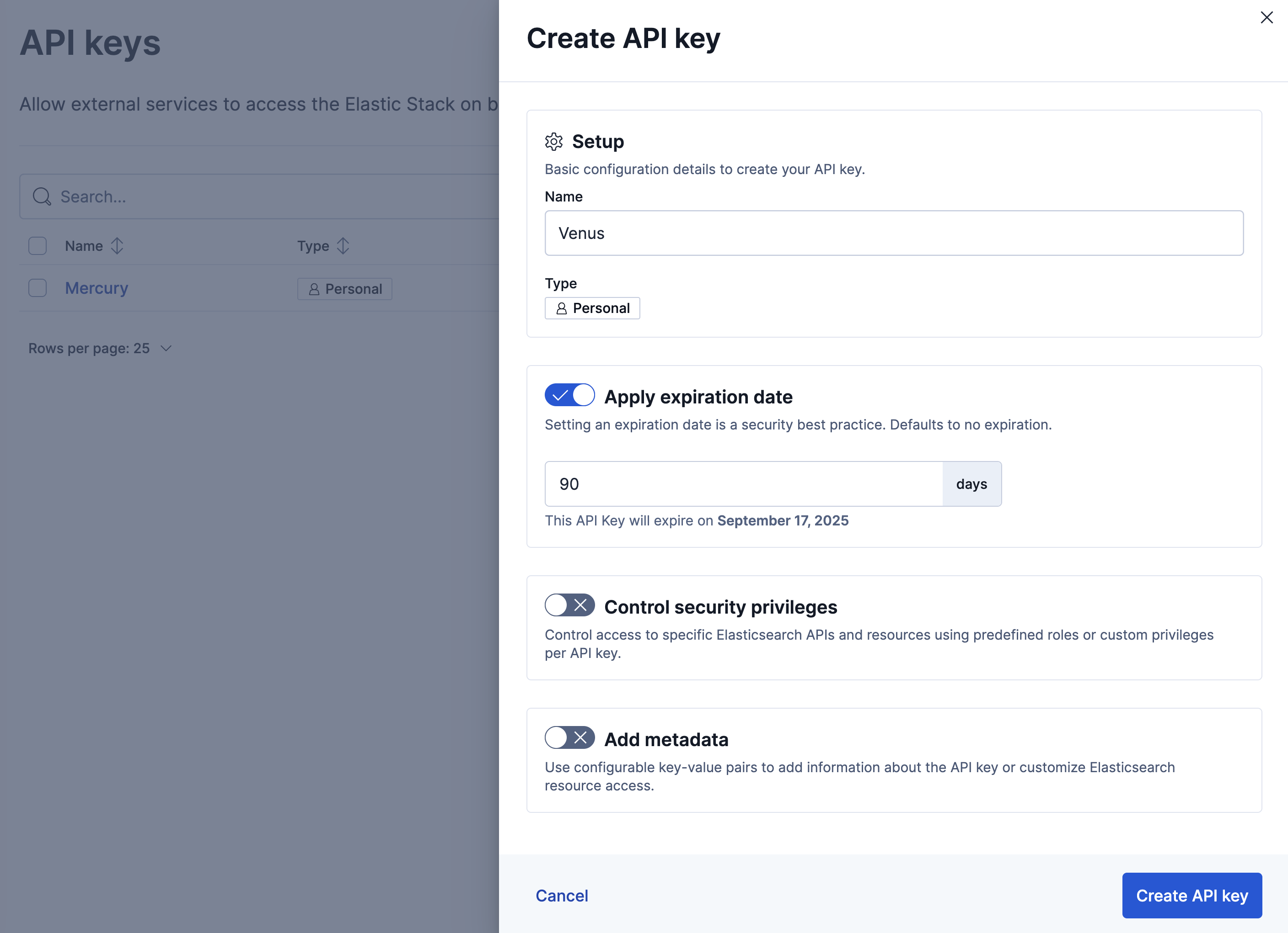 Create API key UI