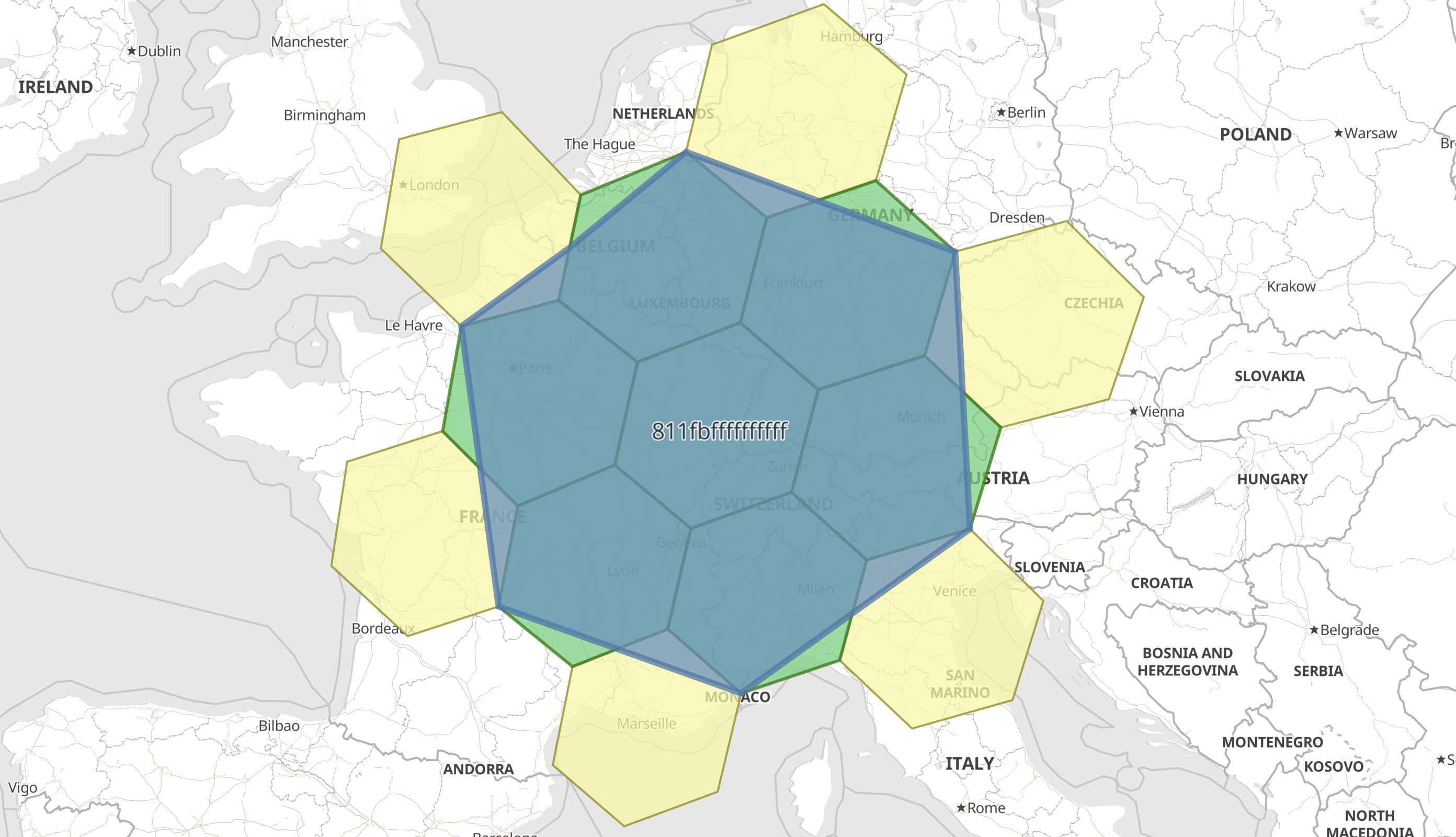 Kibana map with three H3 layers: cell Kibana map with three H3 layers: cell
