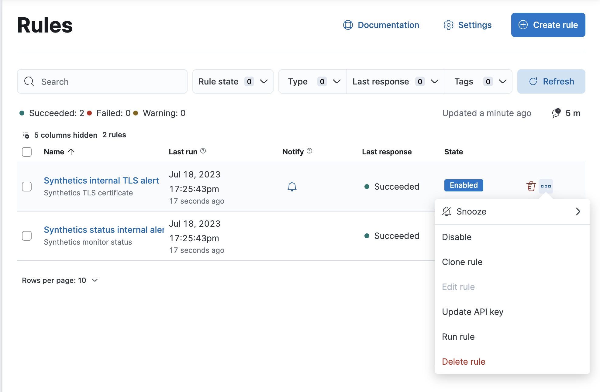 Rules page with default Synthetics rules
