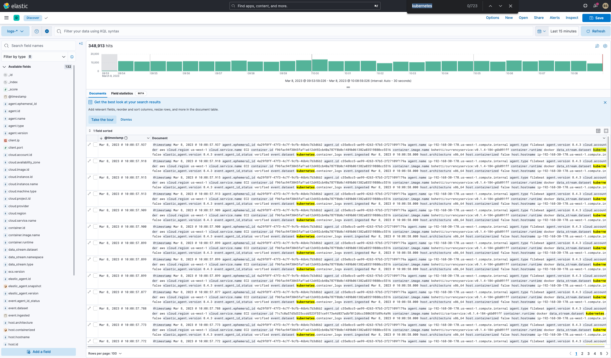 Kubernetes logs in Discover