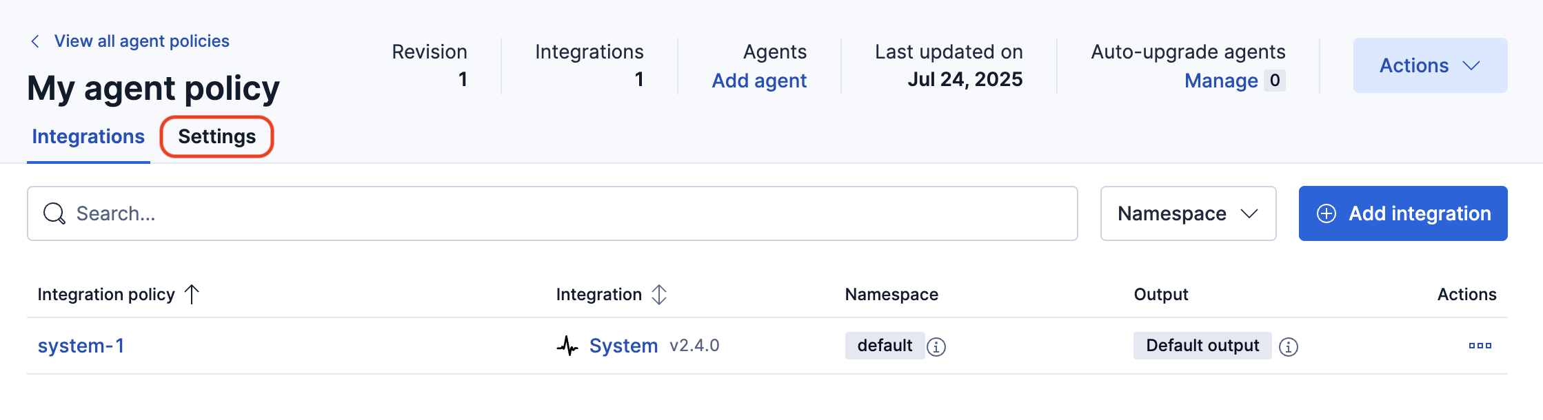 Agent Policy settings tab