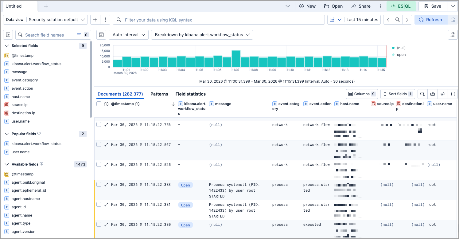 Discover with the Security solution default data view selected.
