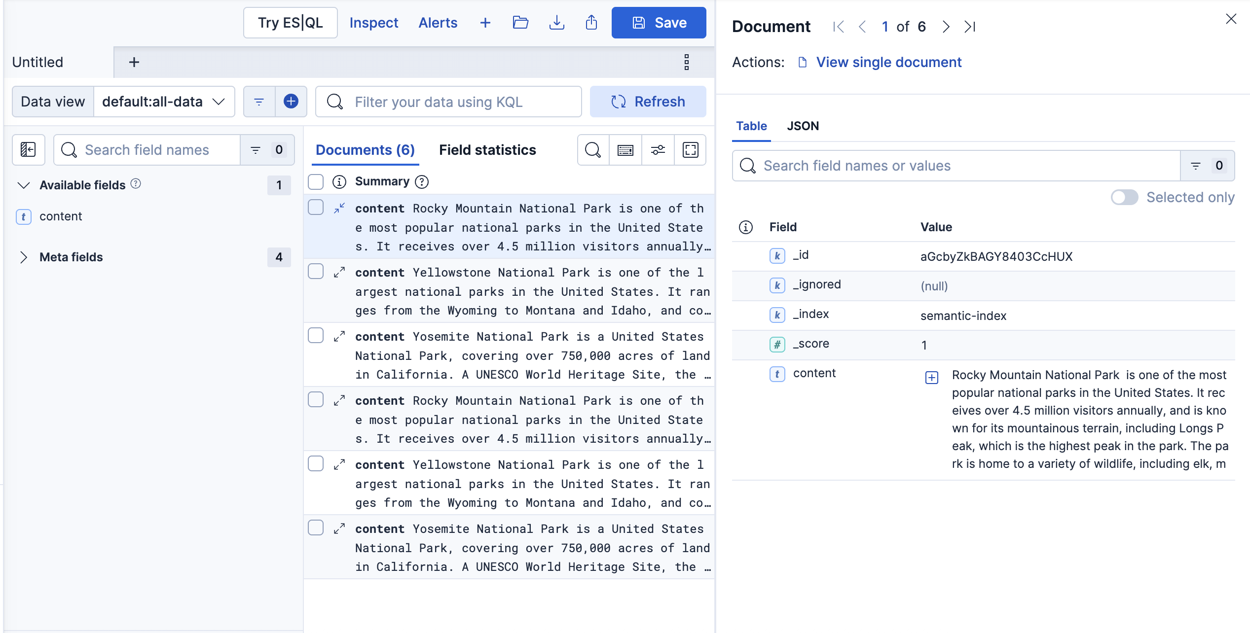 Discover table view with document expanded