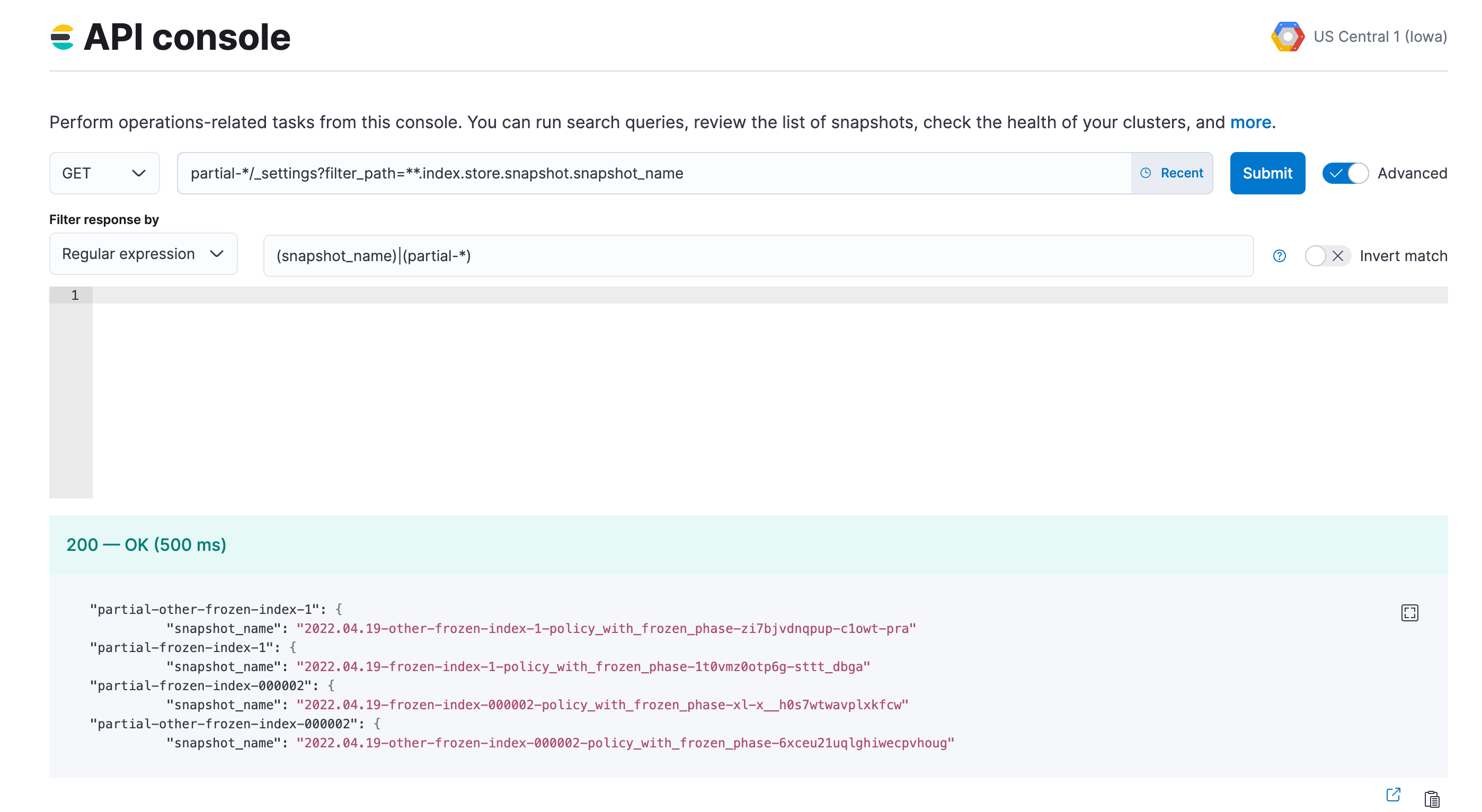 A screenshot showing a snapshot indices list