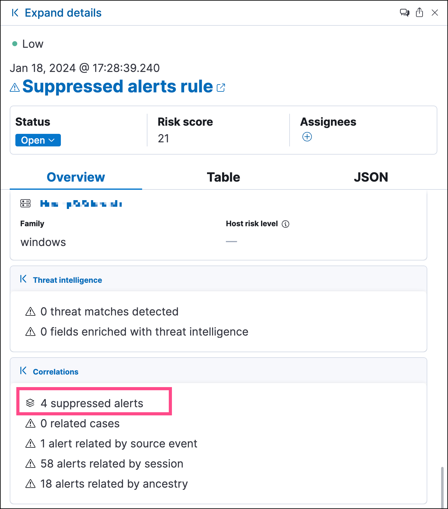 Suppressed alerts in the Correlations section within the alert details flyout