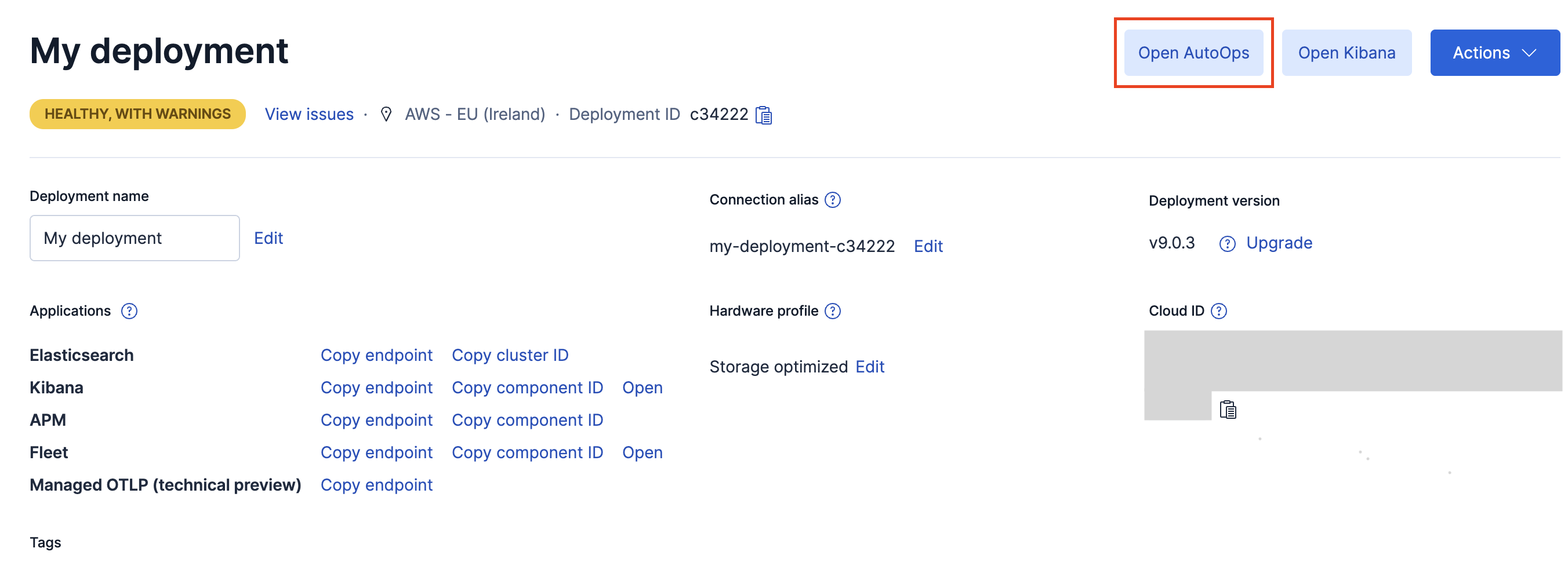 Screenshot showing the Open AutoOps button on the deployment overview page
