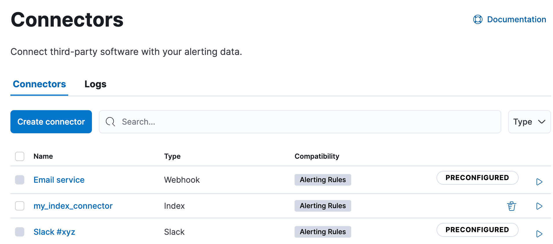 Connectors managing tab with pre-configured Connectors managing tab with pre-configured