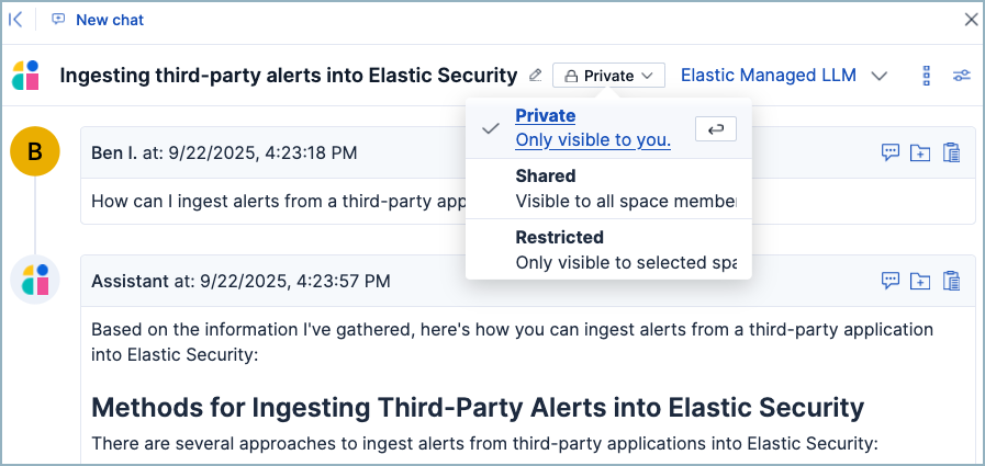 AI Assistant chat with the sharing status dropdown open