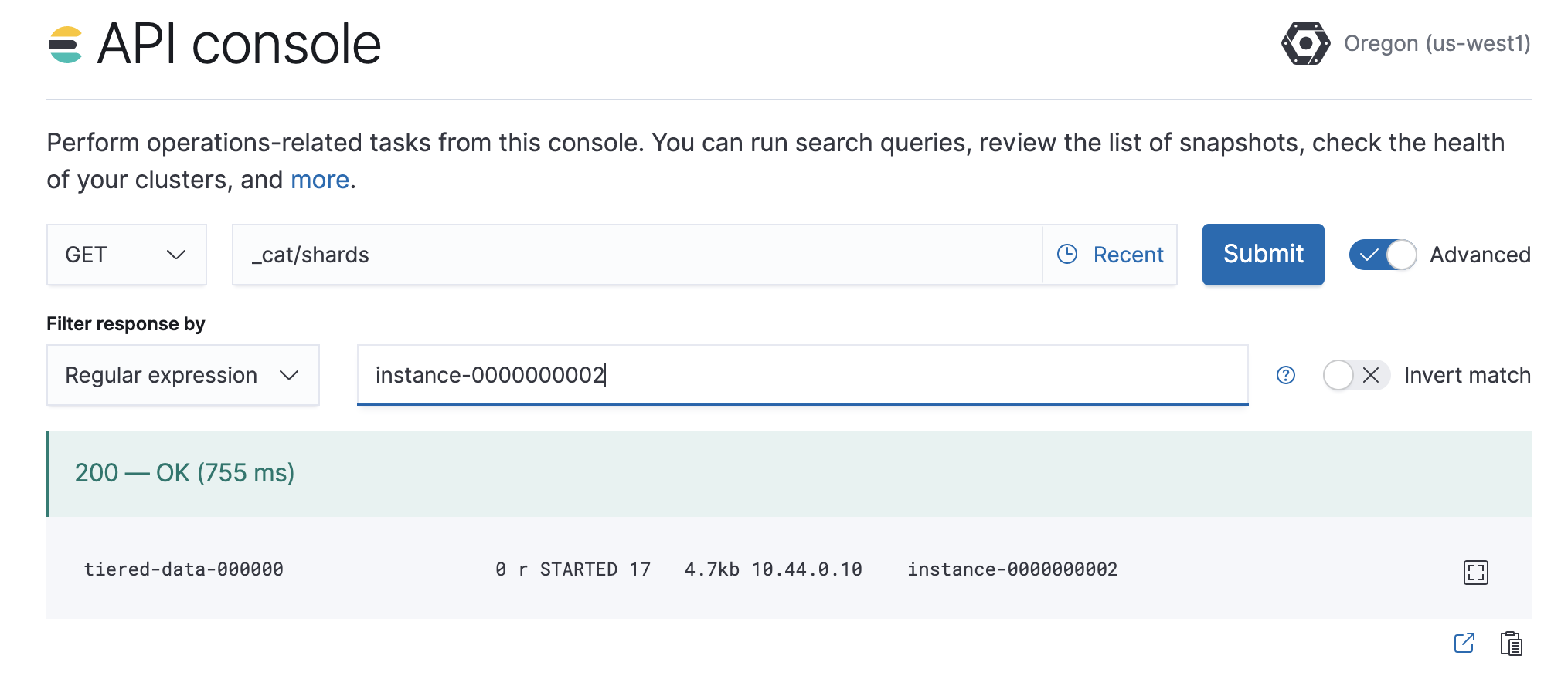 A screenshot showing a filtered shard list