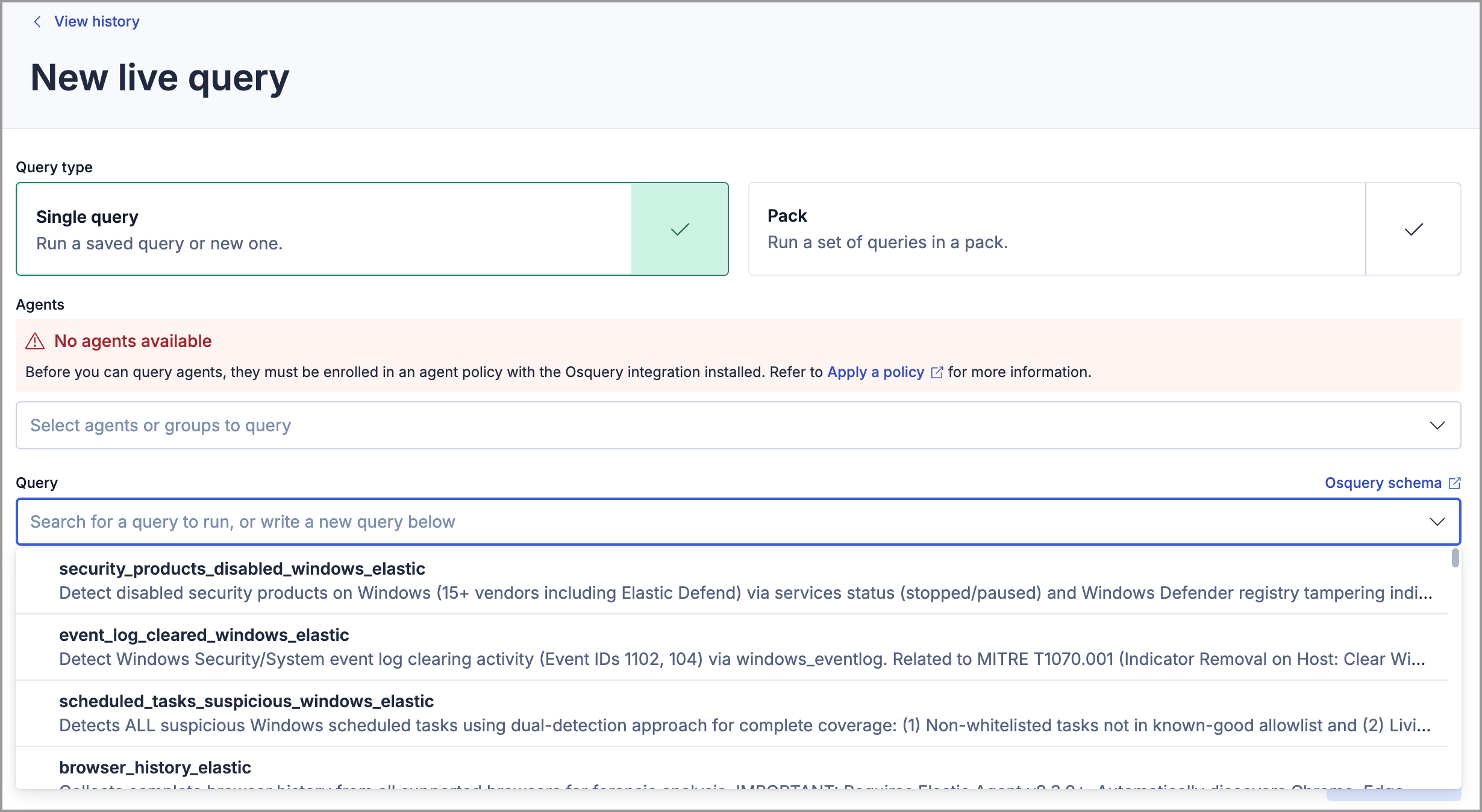 Select saved query dropdown name showing query name and description