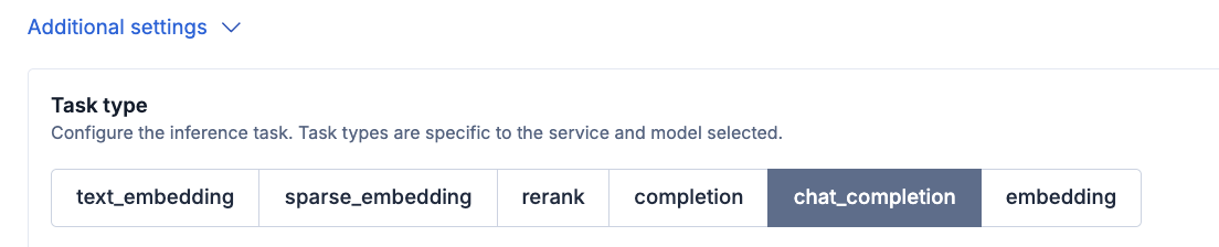 Additional settings expanded showing chat_completion task type selected