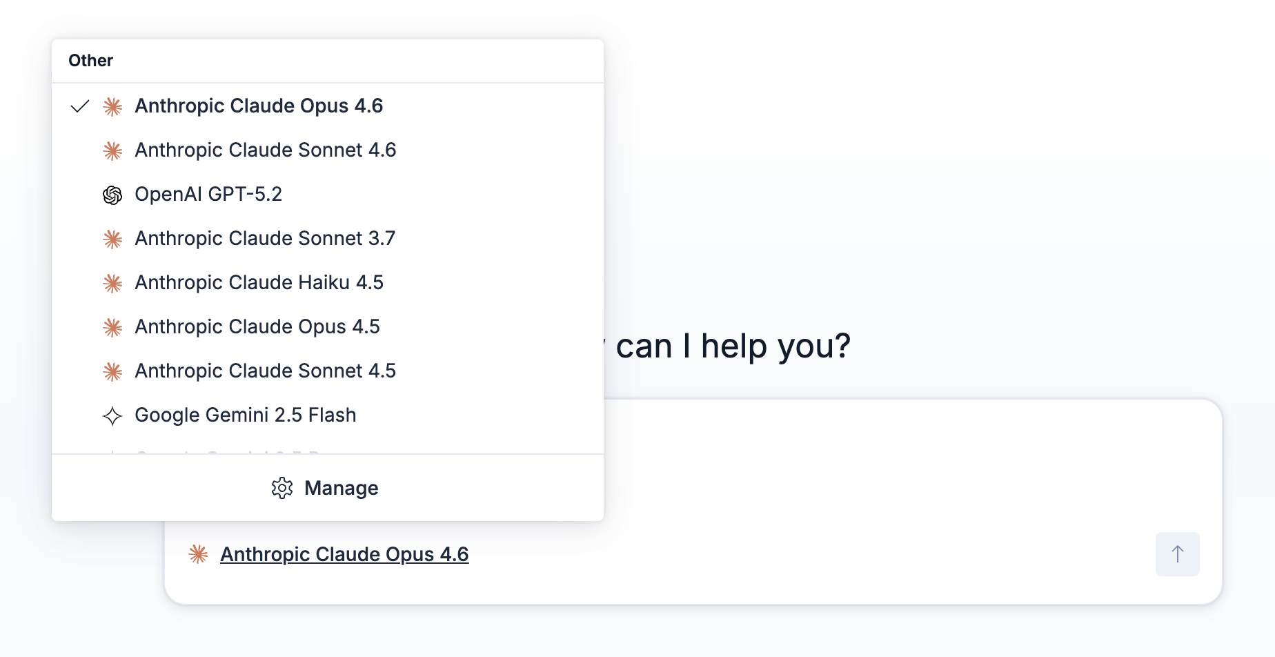 Model selector dropdown in the chat interface