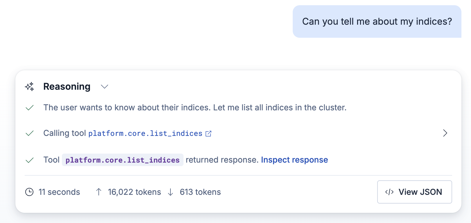 Reasoning panel showing tool calls and execution steps