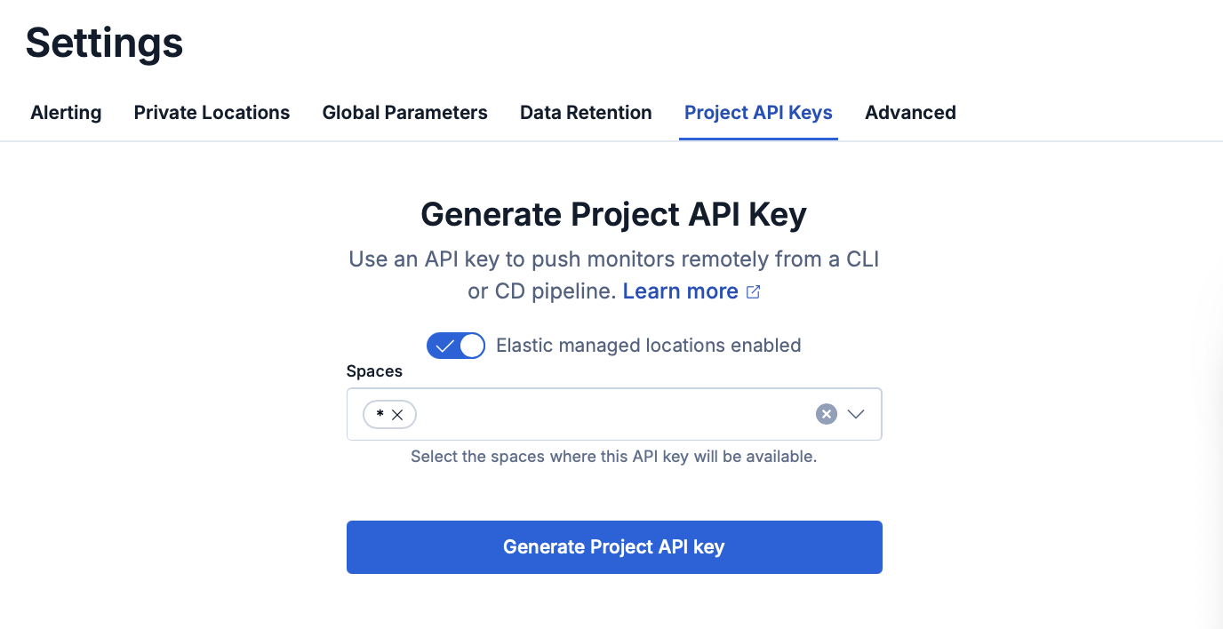 Project API keys tab on the Synthetics Settings page in Kibana
