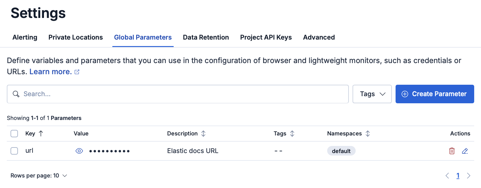 Global parameters tab on the Synthetics Settings page in Kibana