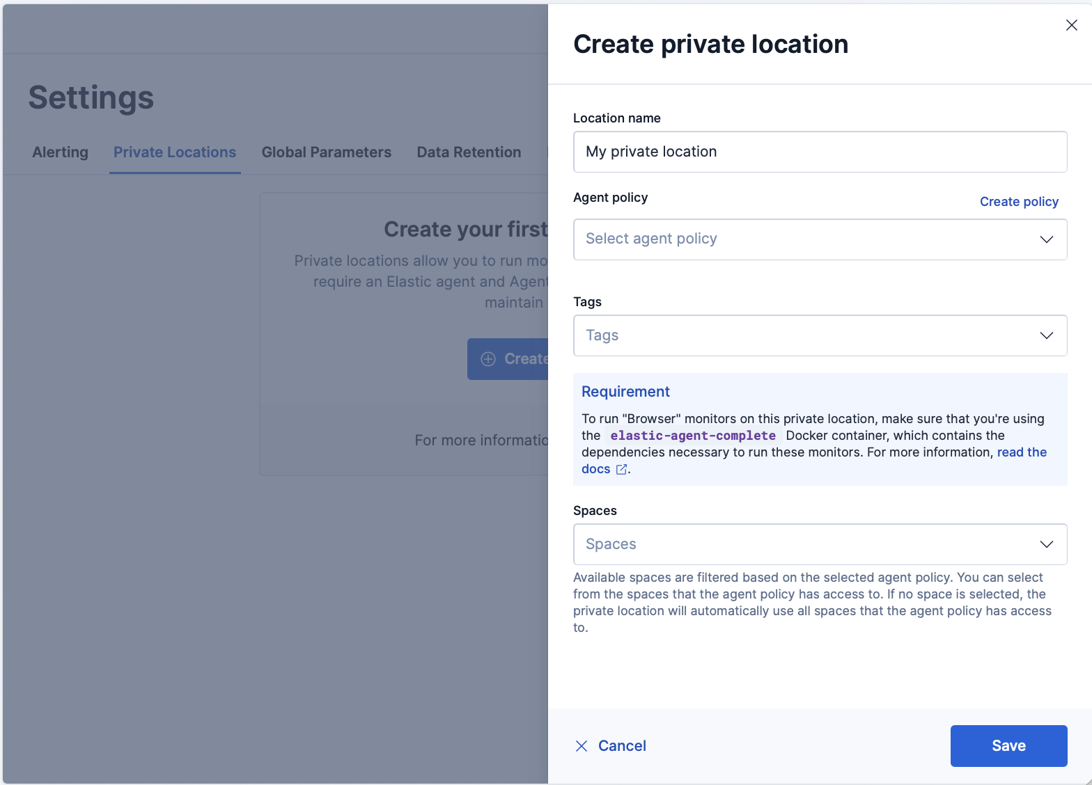 Private Locations tab on the Synthetics Settings page in Kibana