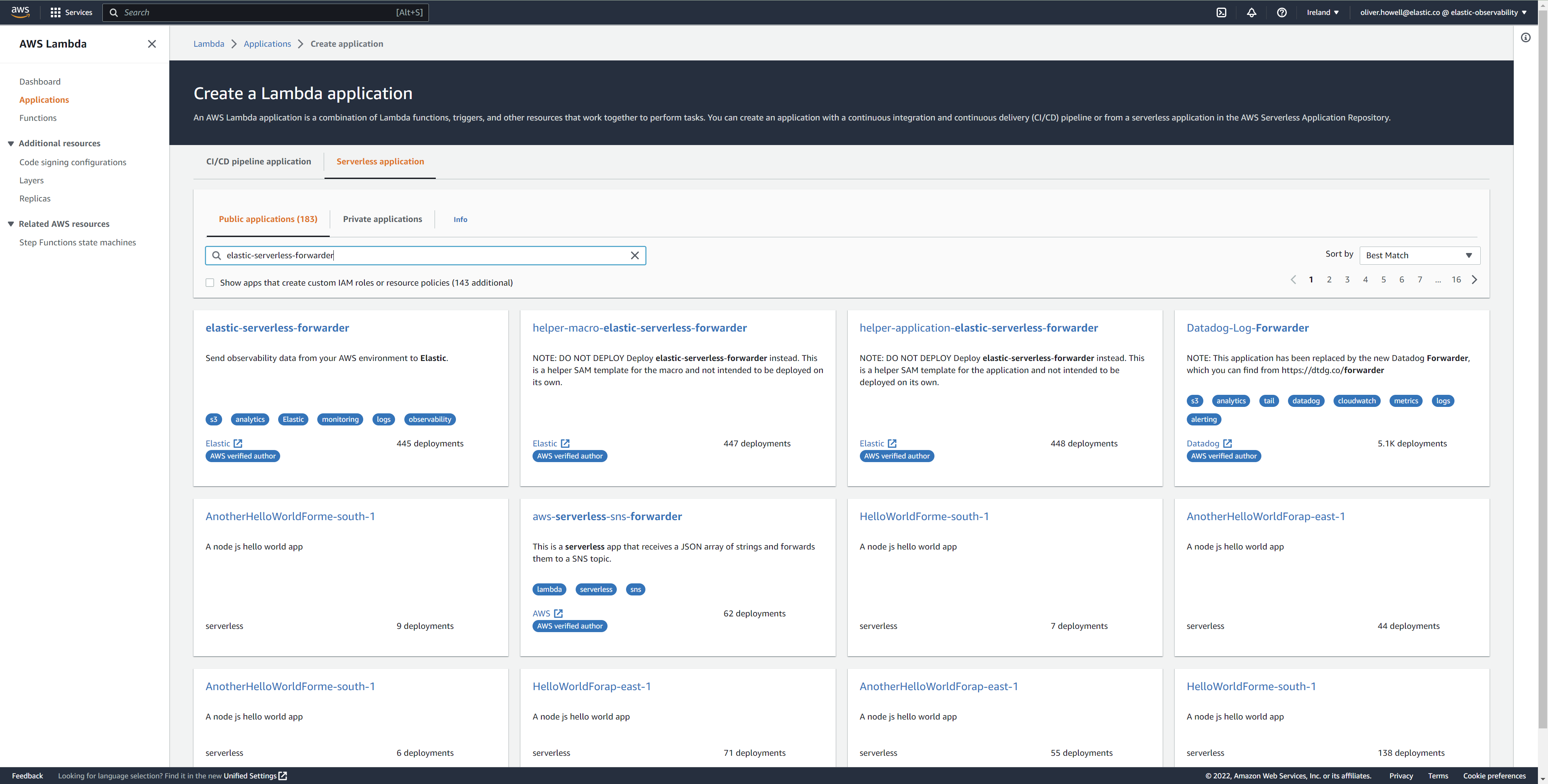 Create Elastic Serverless Forwarder Lambda function within SAR Create Elastic Serverless Forwarder Lambda function within SAR