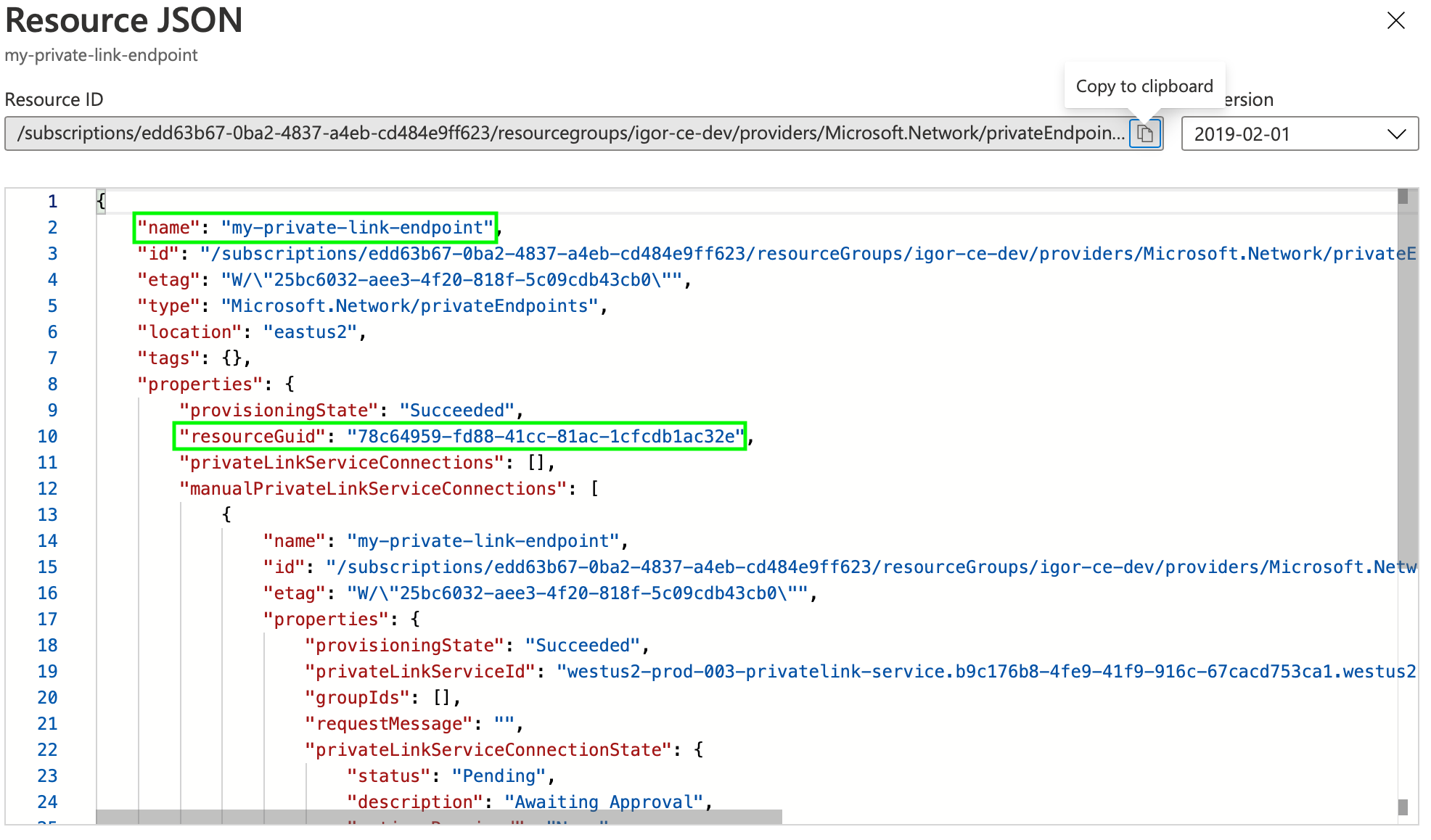 Private endpoint properties