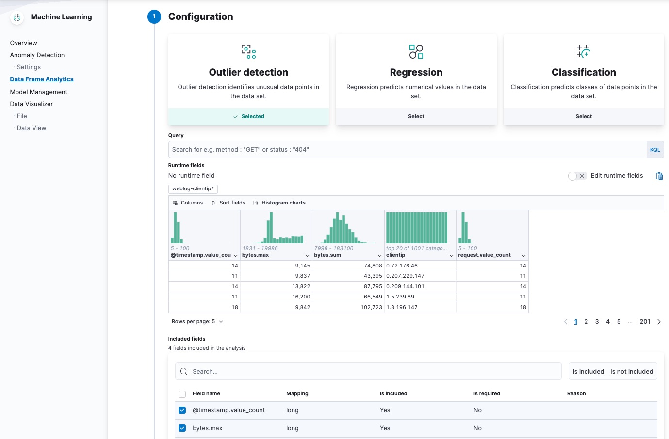 Create a data frame analytics analytics job in Kibana