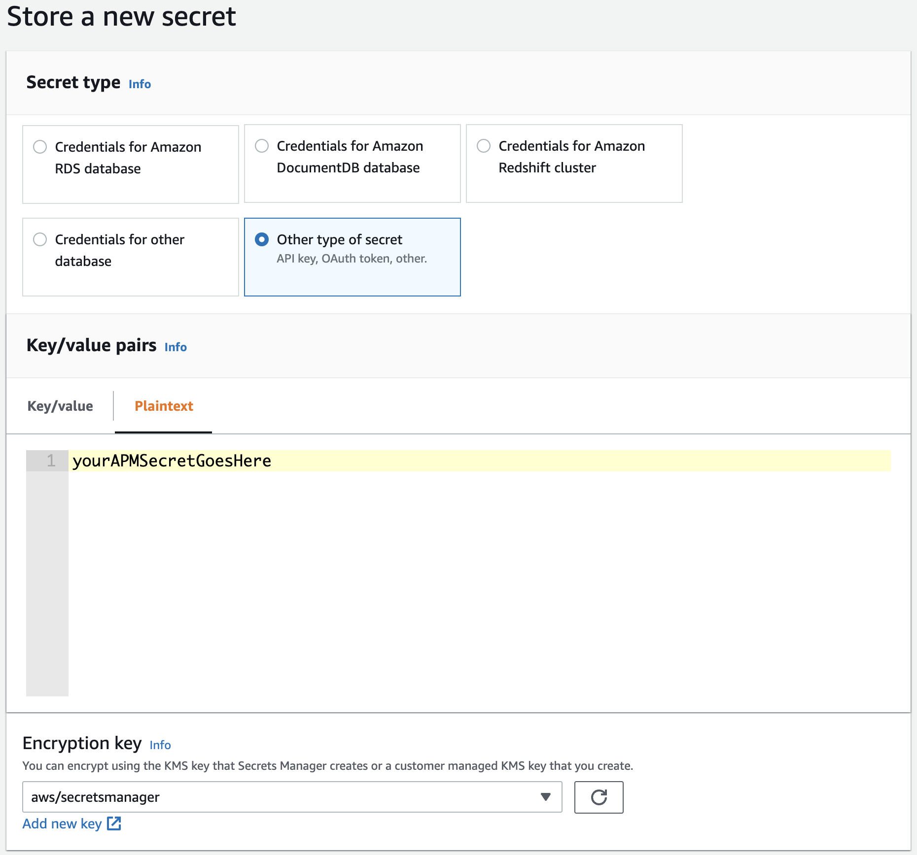 image showing the creation of a plaintext secret in Secrets Manager image showing the creation of a plaintext secret in Secrets Manager