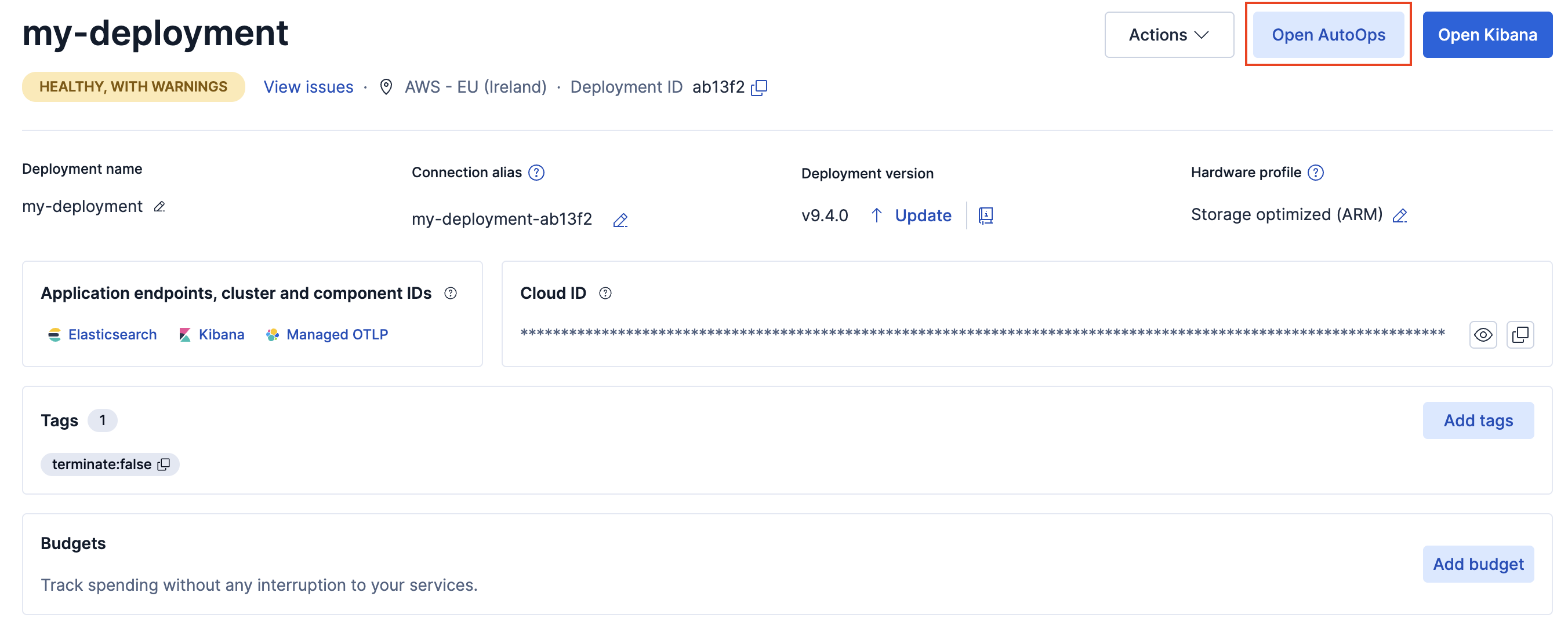 Screenshot showing the Open AutoOps button on the deployment overview page