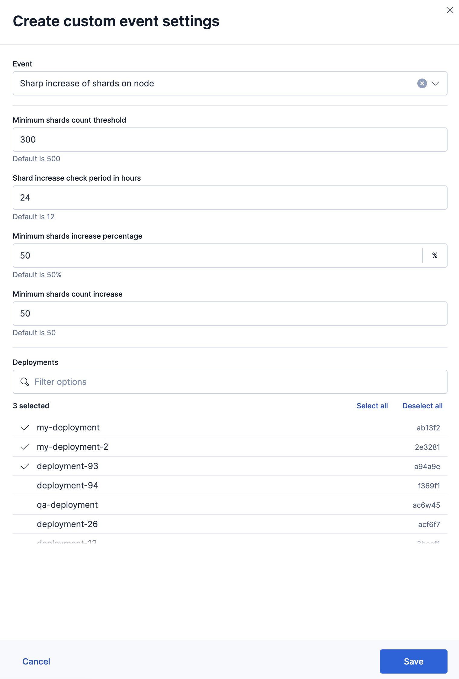 Screenshot of the Add event settings flyout with custom settings for the 