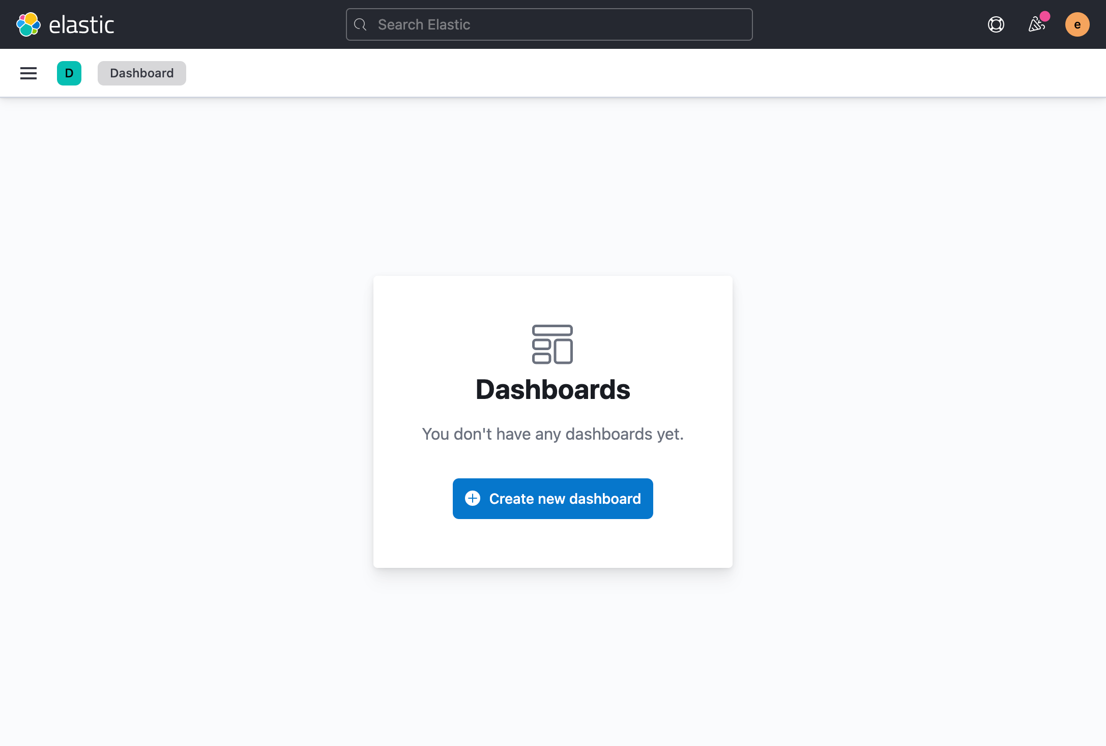 Screenshot of demo empty state code. Shows the Kibana navigation bars and a centered empty state with the dashboard app icon, a level 1 heading "Dashboards", body text "You don't have any dashboards yet.", and a button that says "Create new dashboard".