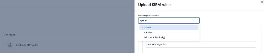 the Upload SIEM rules flyout with migration source dropdown