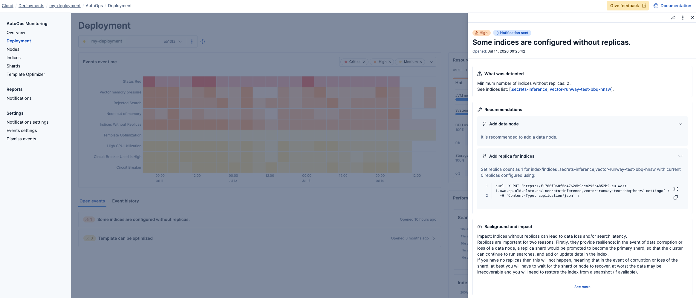 Screenshot showing an AutoOps event flyout