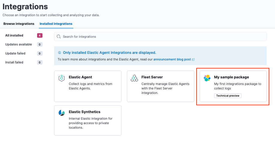 Kibana installed integrations tab with a card for my sample package Kibana installed integrations tab with a card for my sample package