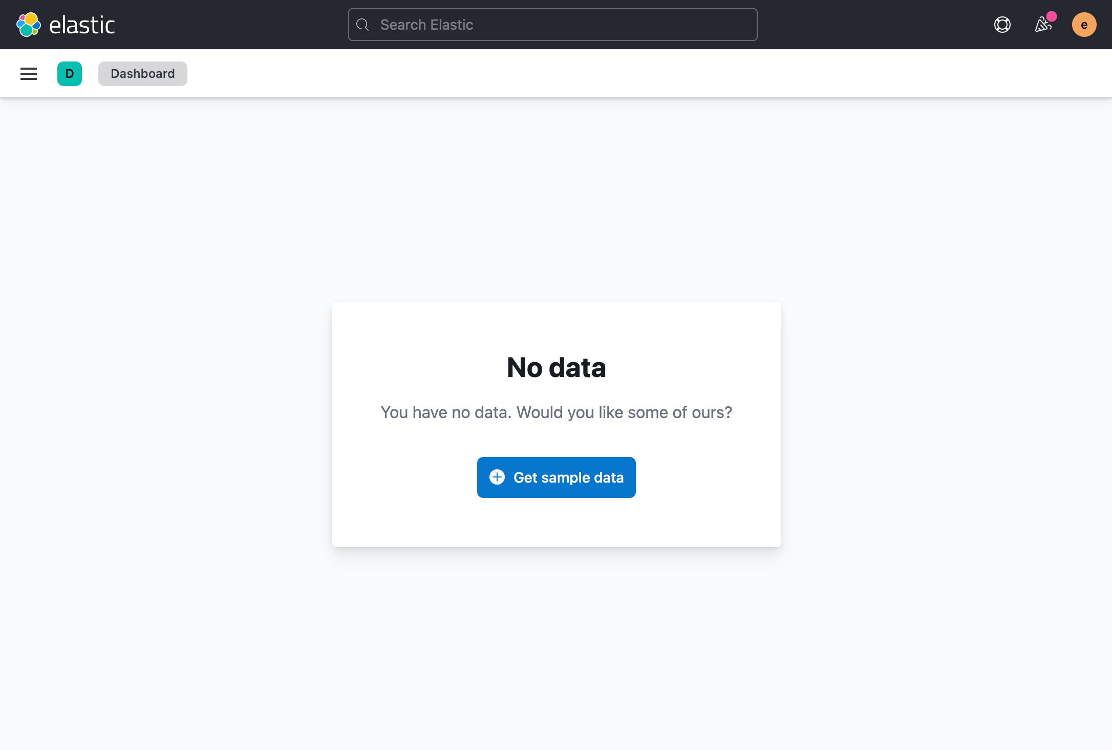 Screenshot of demo custom empty state code. Shows the Kibana navigation bars and a centered empty state with the a level 1 heading "No data", body text "You have no data. Would you like some of ours?", and a button that says "Get sample data".