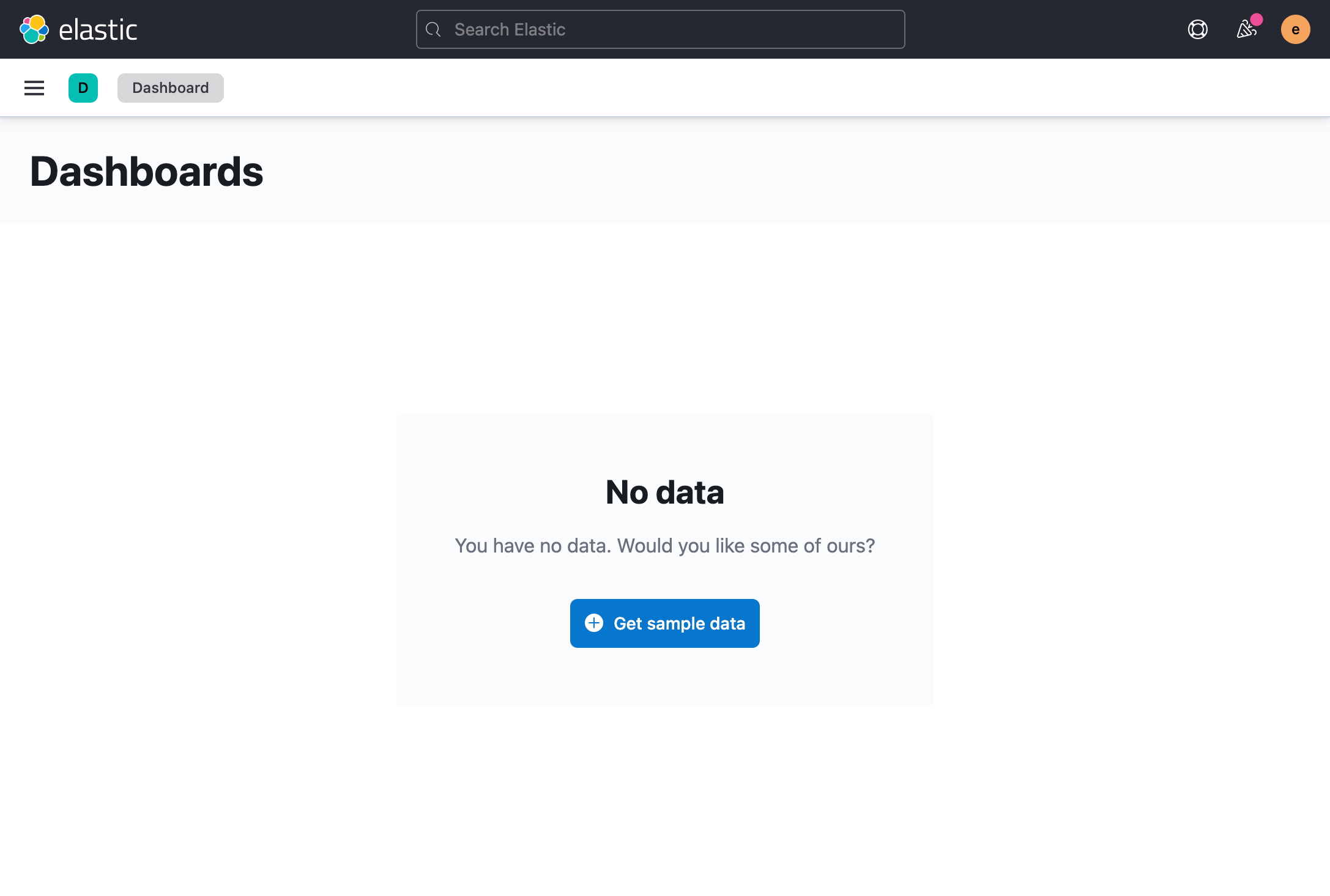 Screenshot of demo custom empty state code with a page header. Shows the Kibana navigation bars, a level 1 heading "Dashboards", and a centered empty state with the a level 2 heading "No data", body text "You have no data. Would you like some of ours?", and a button that says "Get sample data".