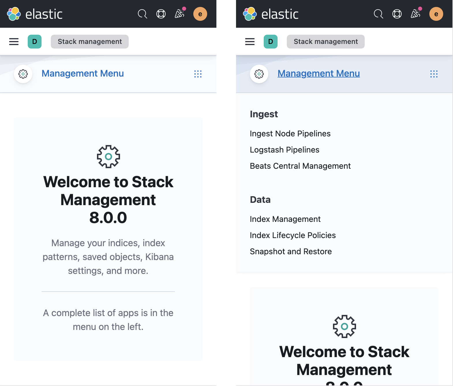 Screenshots of Stack Management page in mobile view. Menu closed on the left, menu open on the right.
