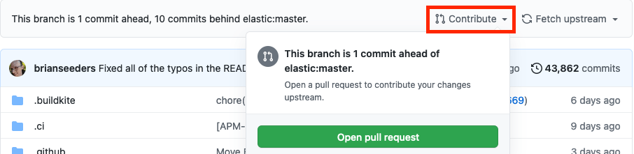 Screenshot of opening a pull request from the branch page