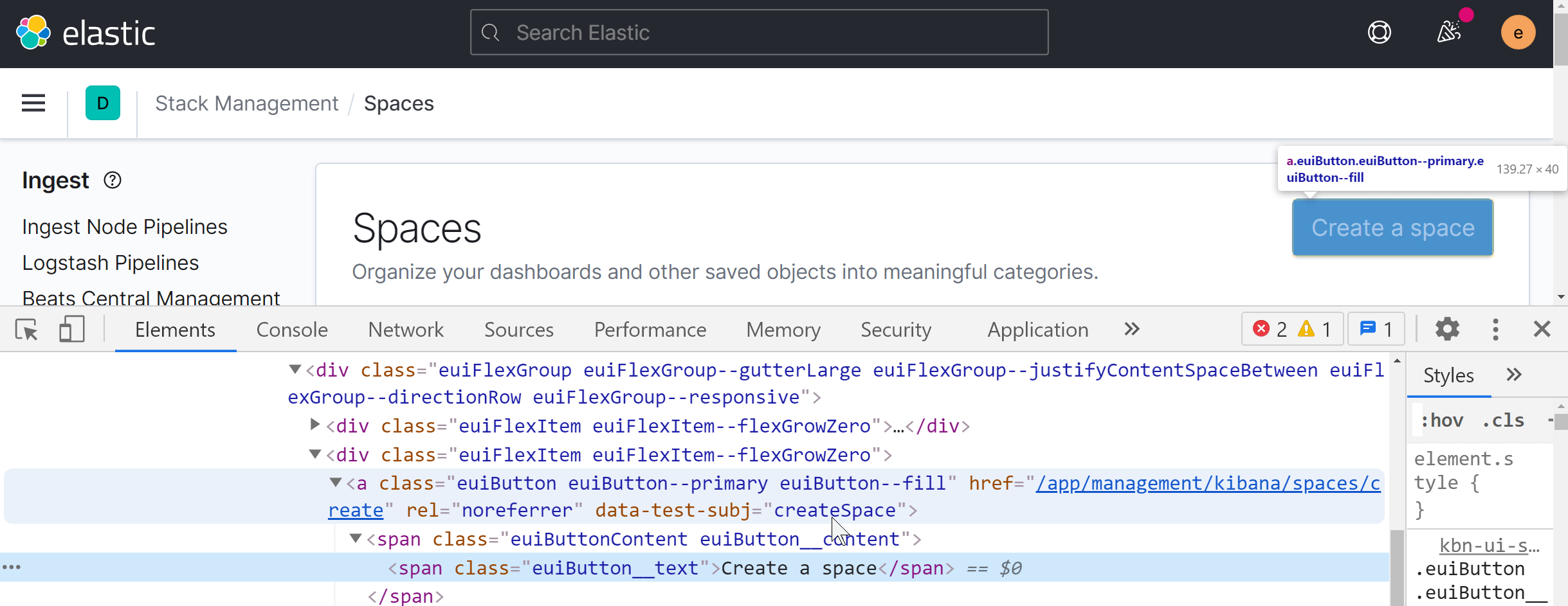 Kibana screenshot of Spaces page with developer tools open Kibana screenshot of Spaces page with developer tools open