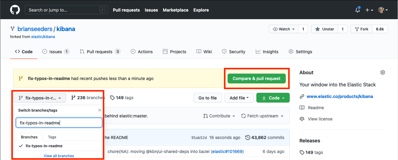 Screenshot of Compare and pull request header