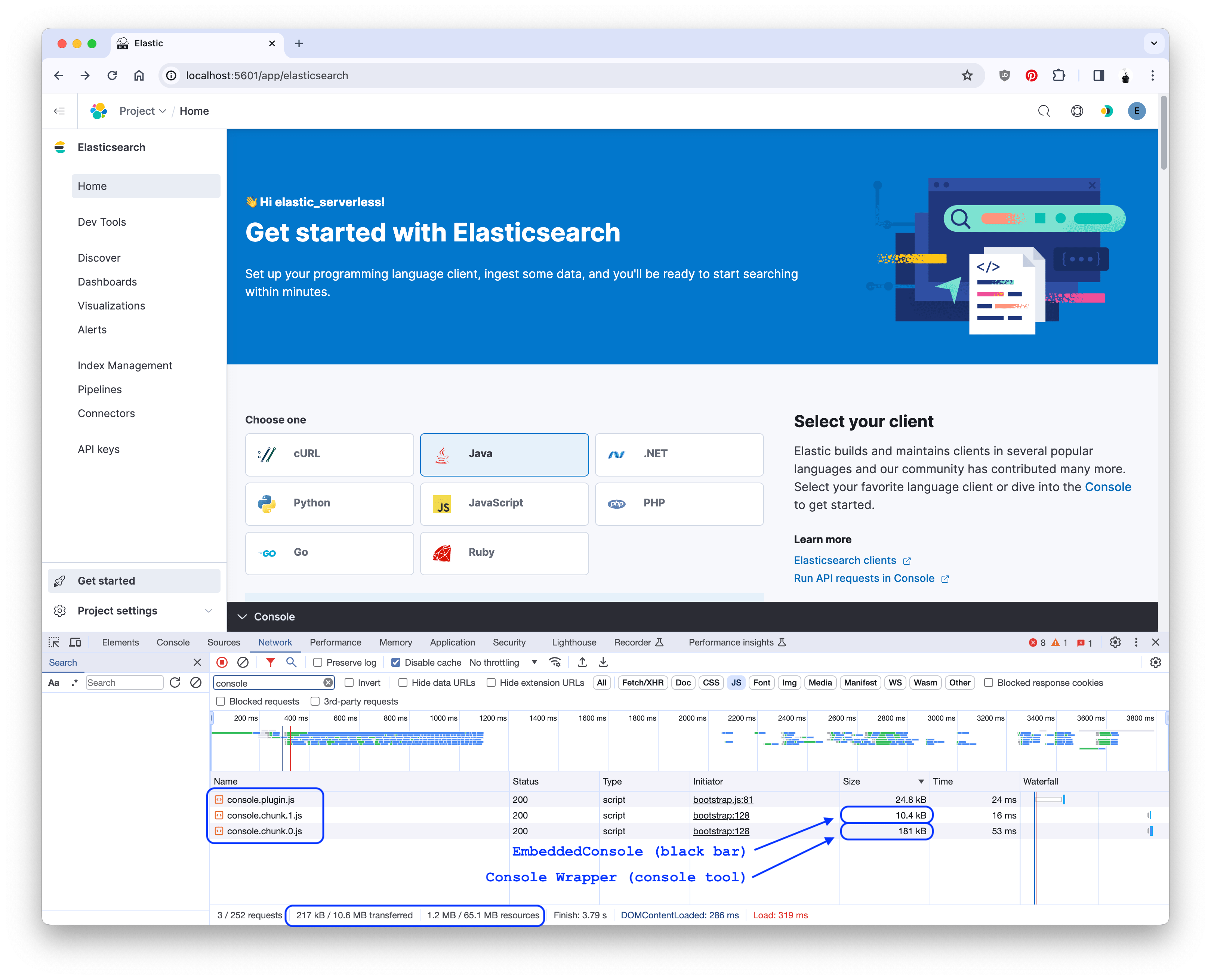 Network tab of Chrome showing the console chunks