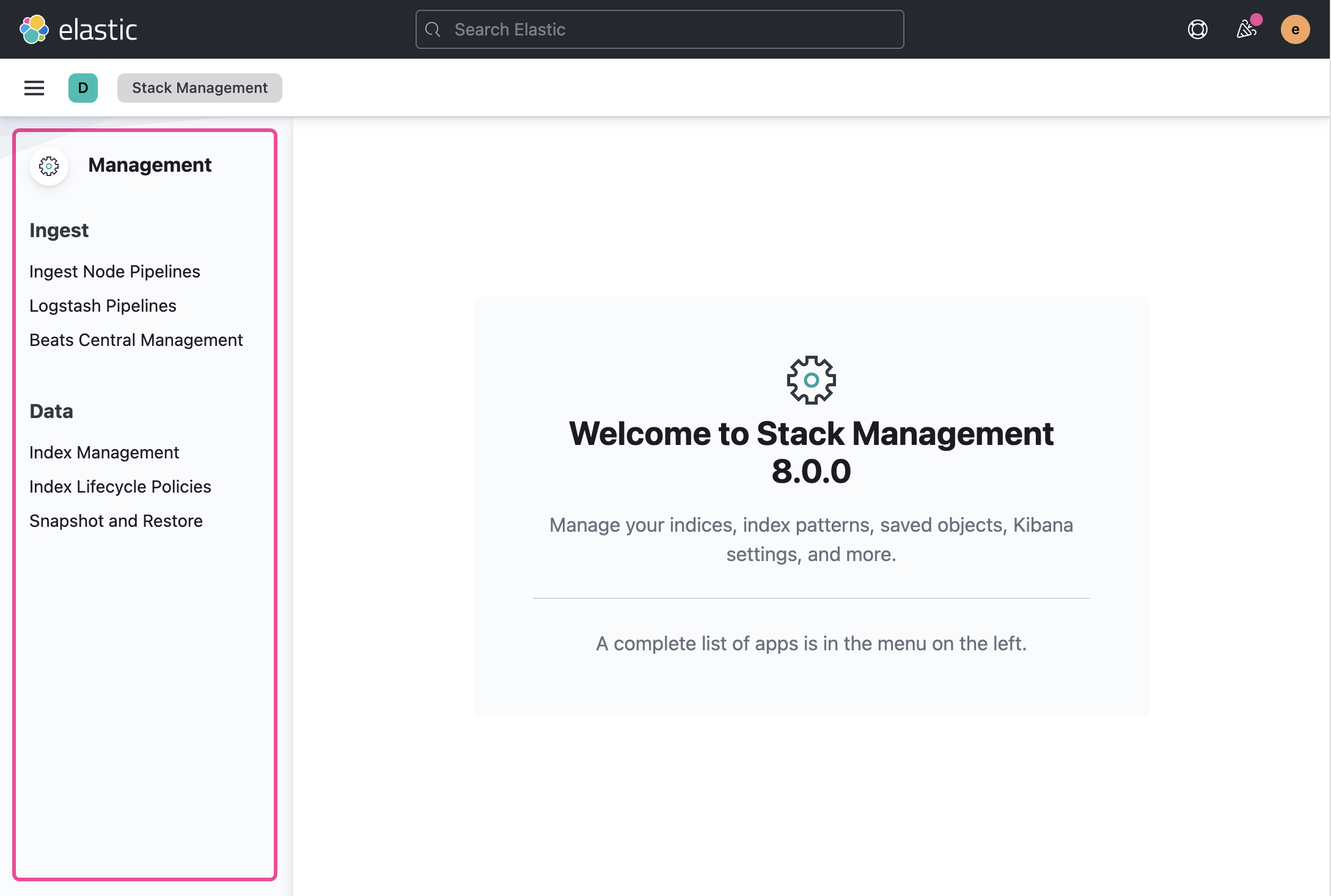 Screenshot of Stack Management empty state with a provided solution navigation shown on the left, outlined in pink.
